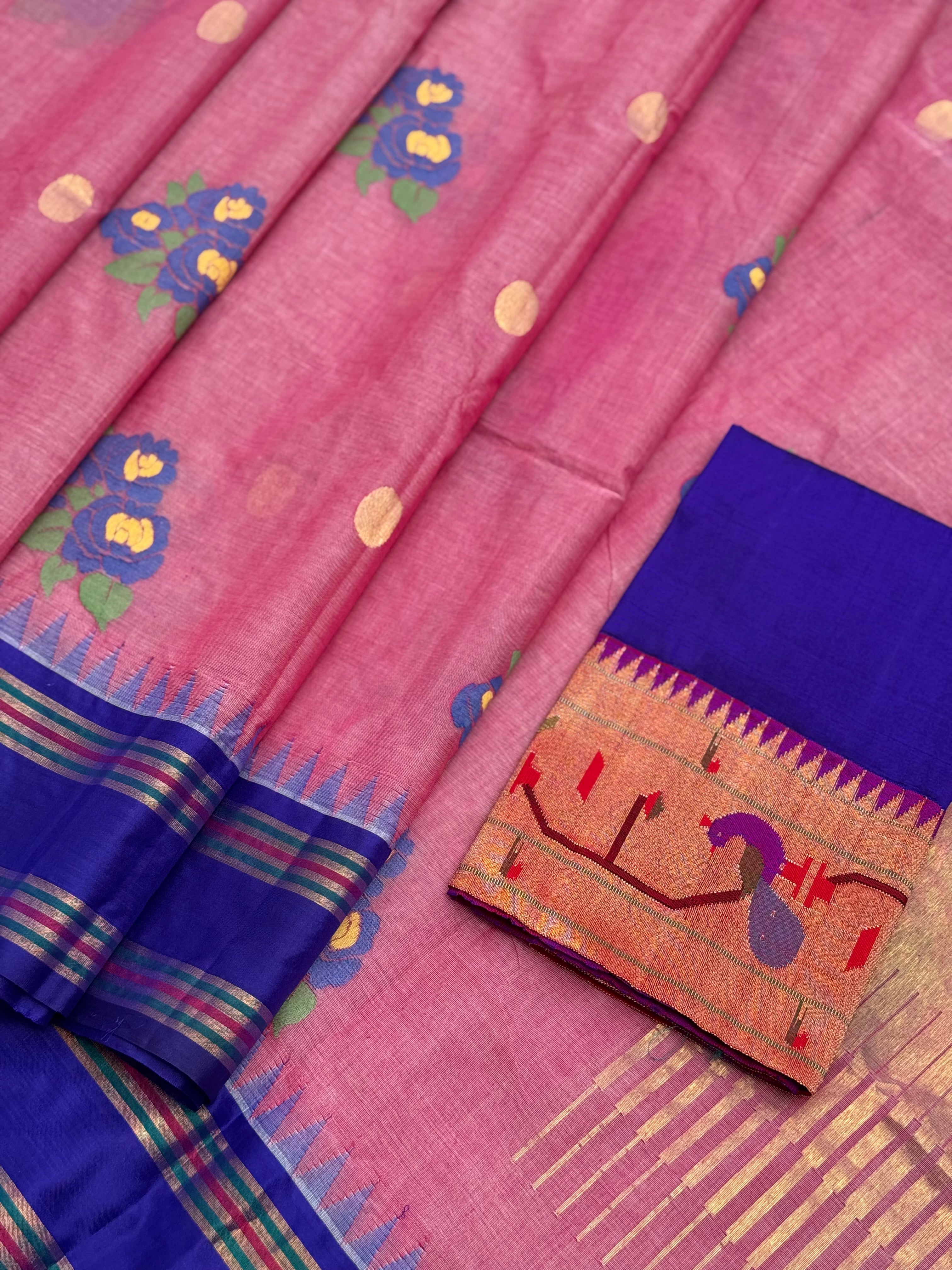 Pastel mauve pink with electric blue bouquet of flowers jamdani motifs ponduru Khadhi jamdani saree