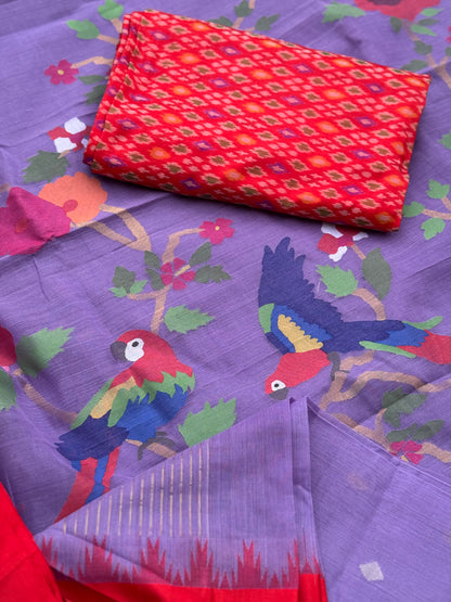 A gorgeous lilac with red shade handspun ponduru Khadhi jamdani cotton saree