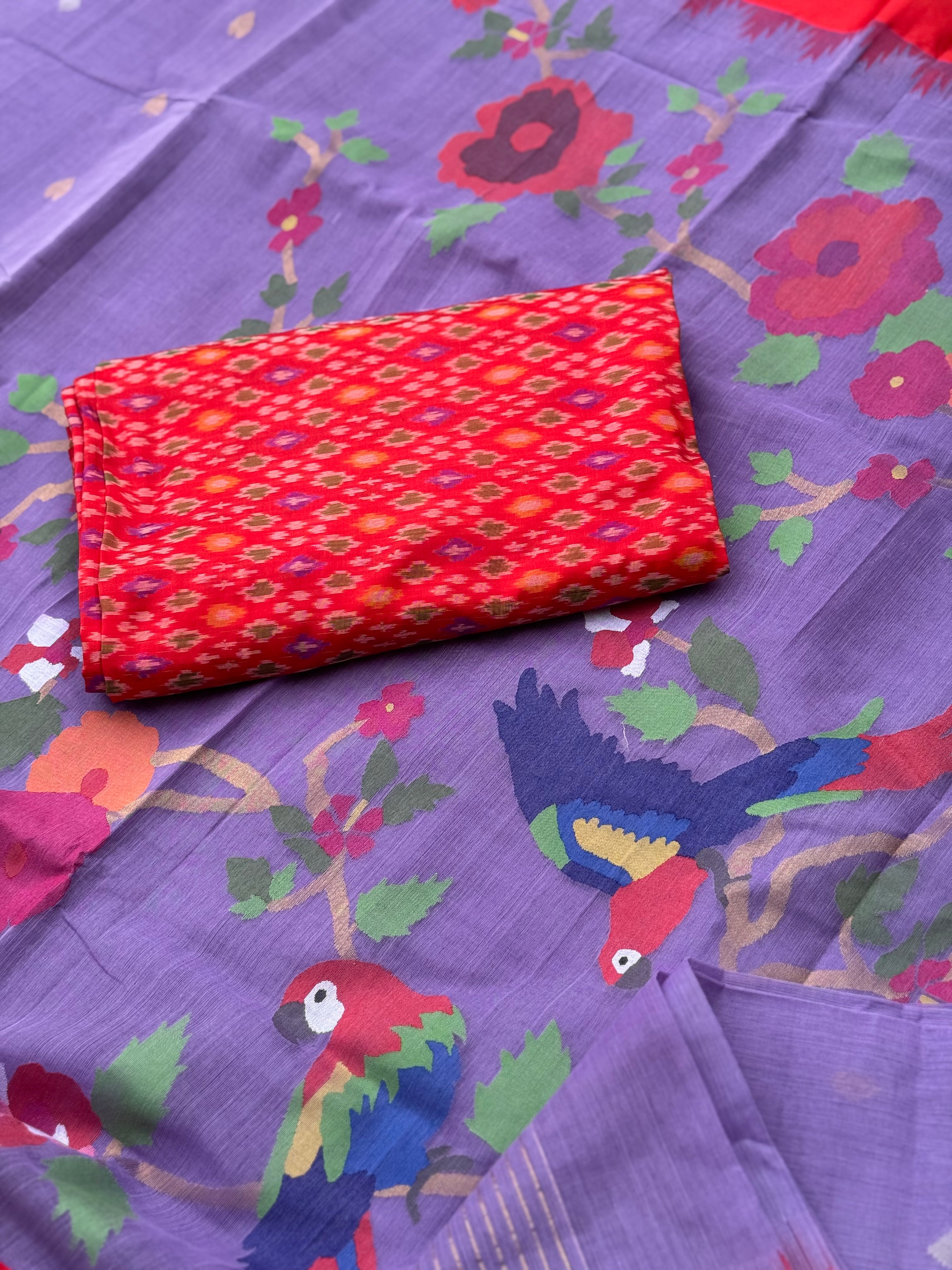 A gorgeous lilac with red shade handspun ponduru Khadhi jamdani cotton saree