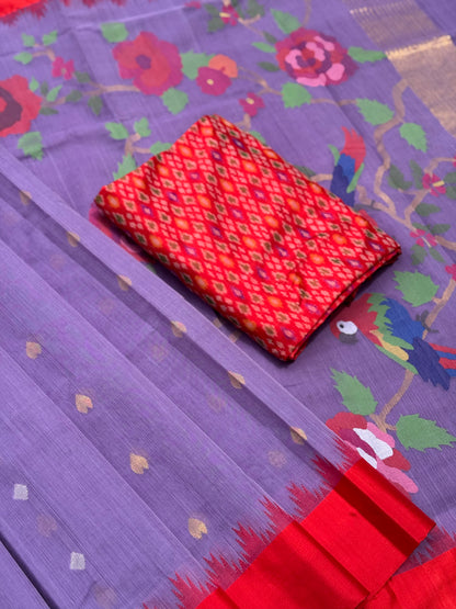 A gorgeous lilac with red shade handspun ponduru Khadhi jamdani cotton saree
