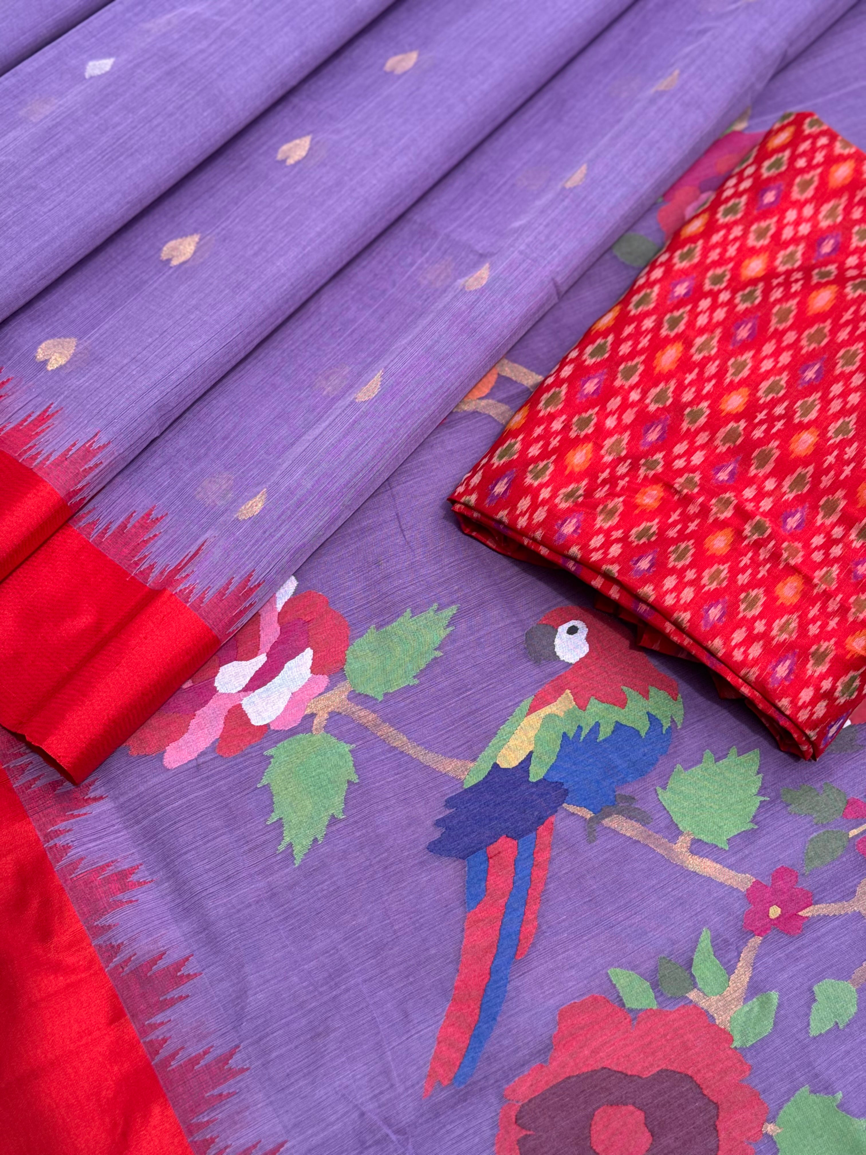 A gorgeous lilac with red shade handspun ponduru Khadhi jamdani cotton saree