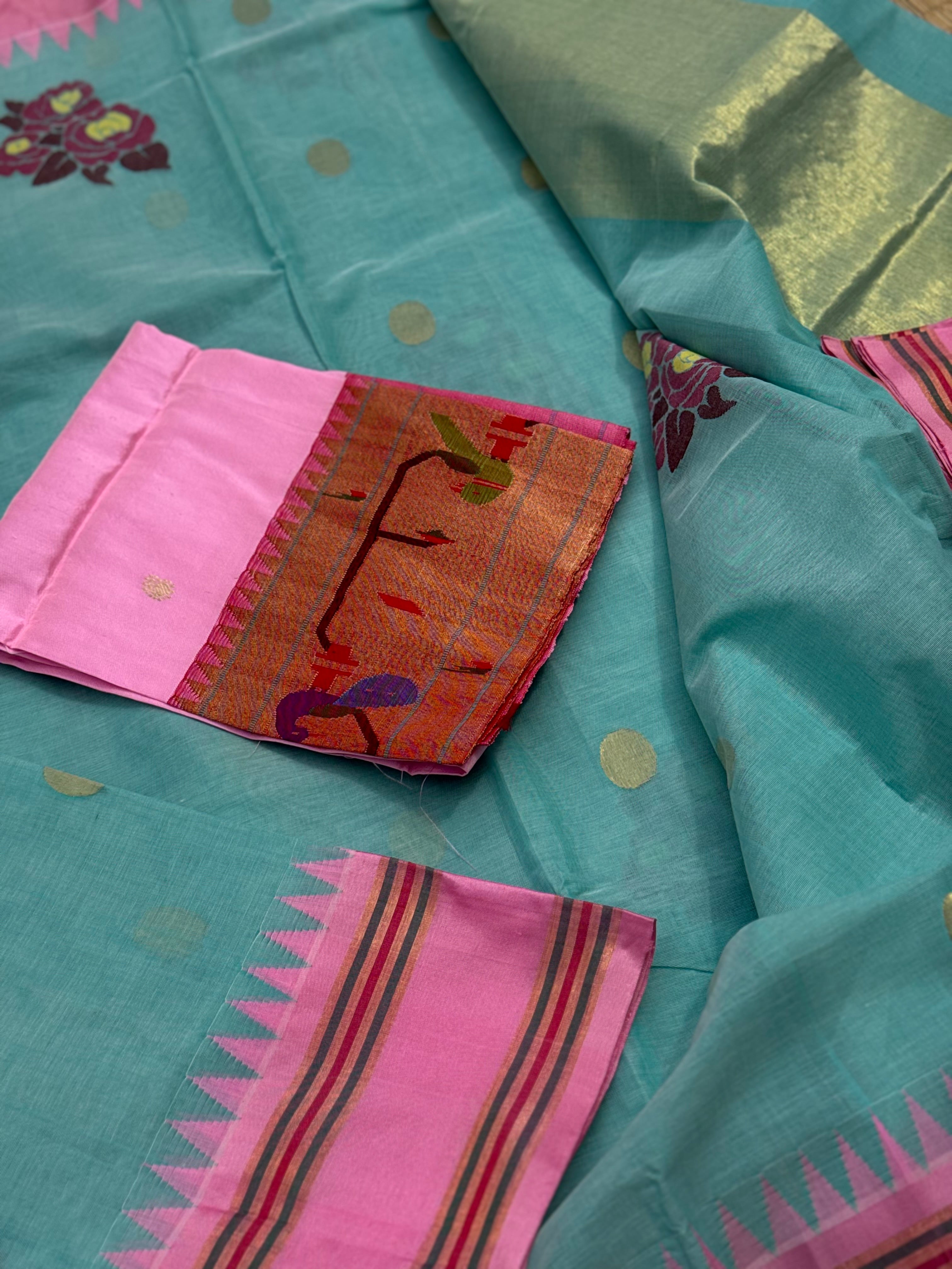 Pastel blue with peony pink bouquet of flowers jamdani motifs ponduru Khadhi jamdani saree