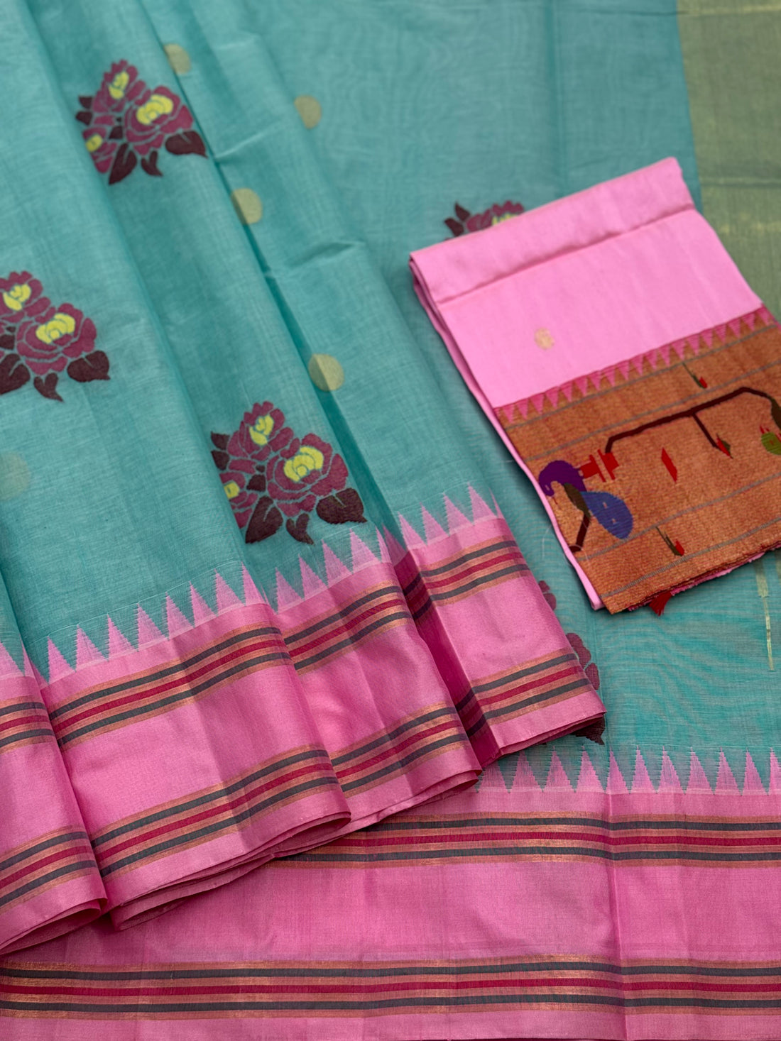 Pastel blue with peony pink bouquet of flowers jamdani motifs ponduru Khadhi jamdani saree