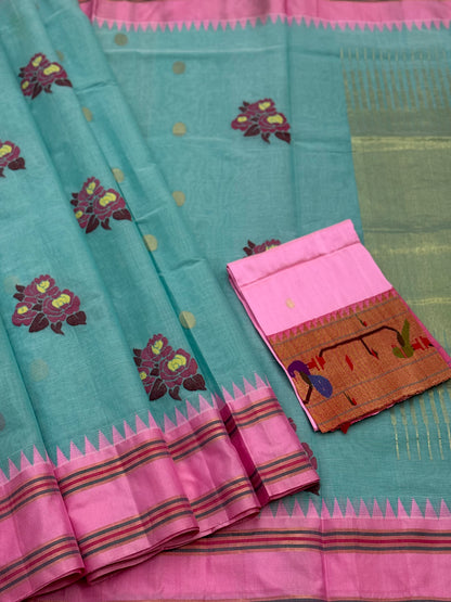 Pastel blue with peony pink bouquet of flowers jamdani motifs ponduru Khadhi jamdani saree