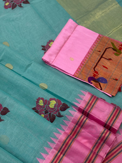 Pastel blue with peony pink bouquet of flowers jamdani motifs ponduru Khadhi jamdani saree