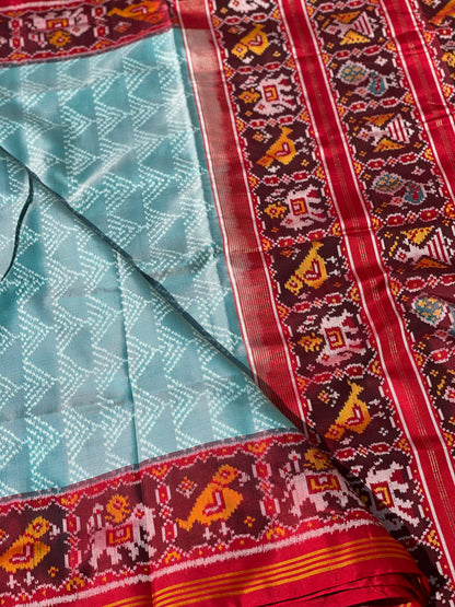 Cyan green Rajkot semi double ikkat Patola silk saree