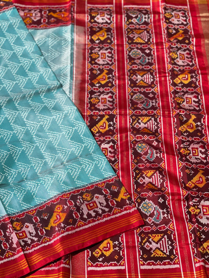 Cyan green Rajkot semi double ikkat Patola silk saree