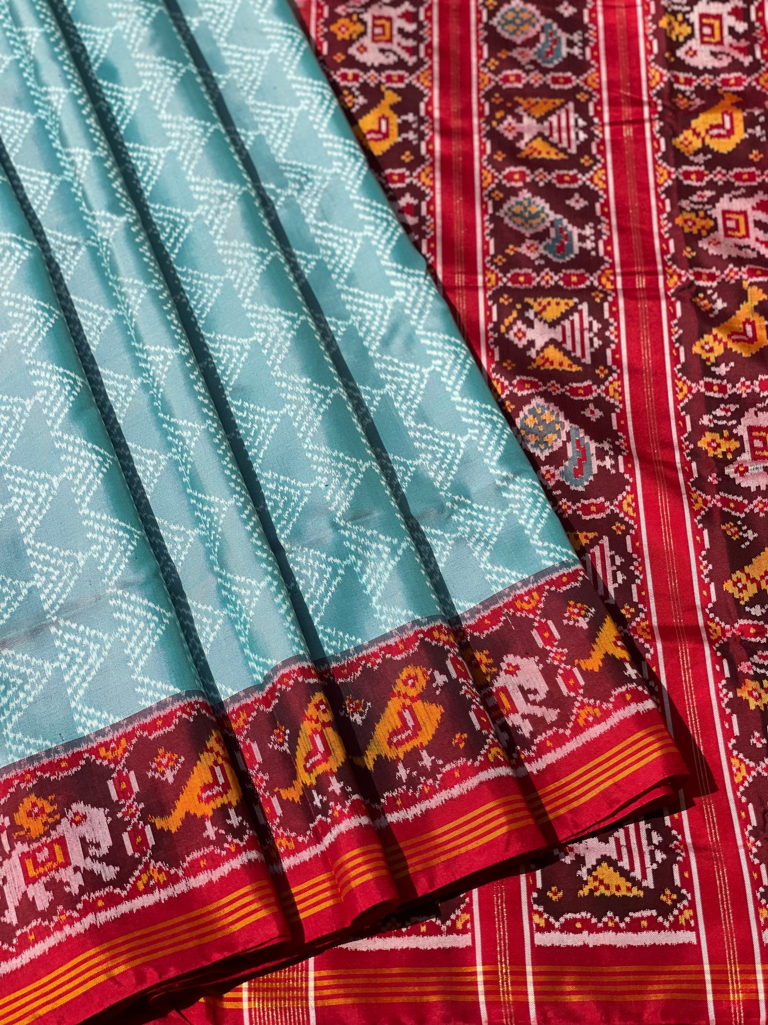 Cyan green Rajkot semi double ikkat Patola silk saree