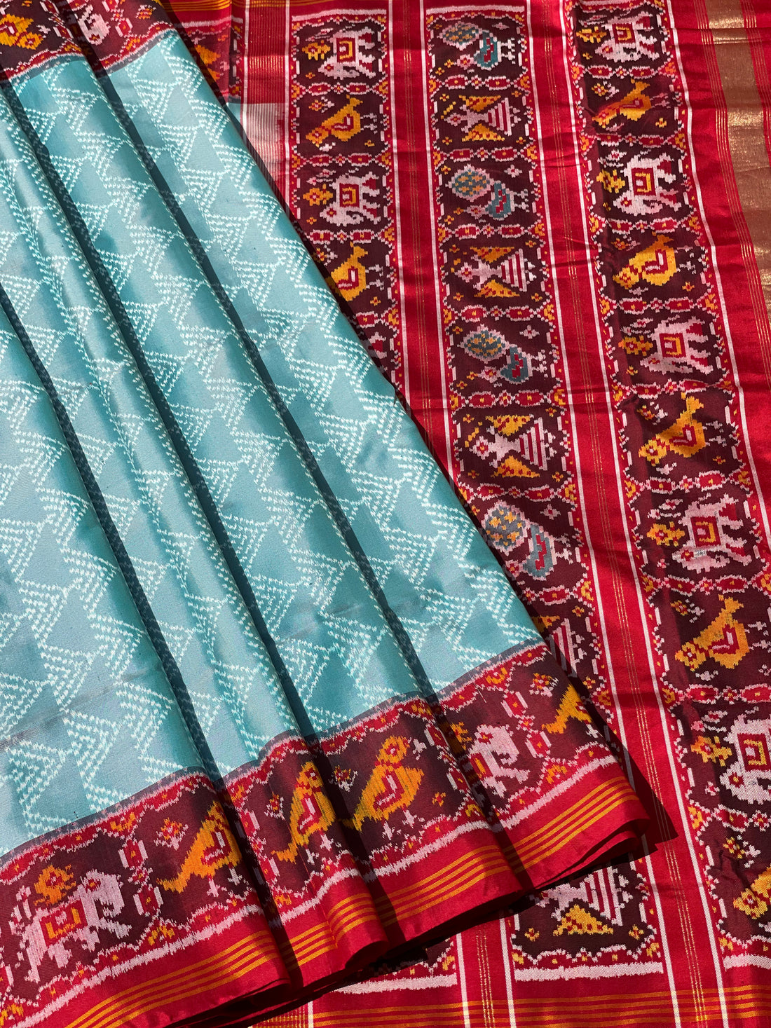 Cyan green Rajkot semi double ikkat Patola silk saree