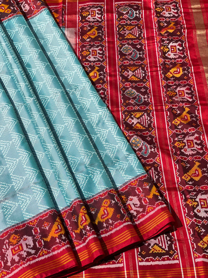 Cyan green Rajkot semi double ikkat Patola silk saree