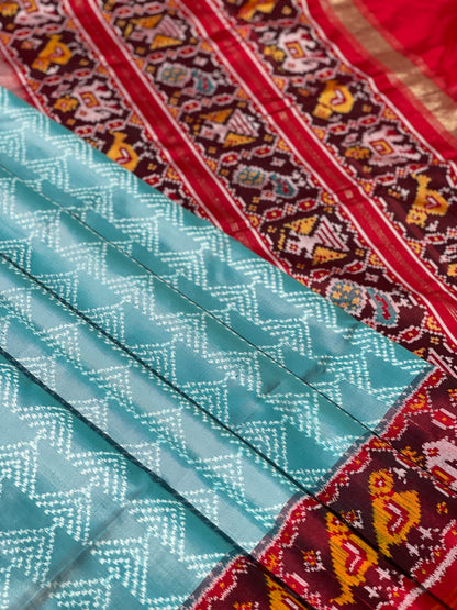 Cyan green Rajkot semi double ikkat Patola silk saree