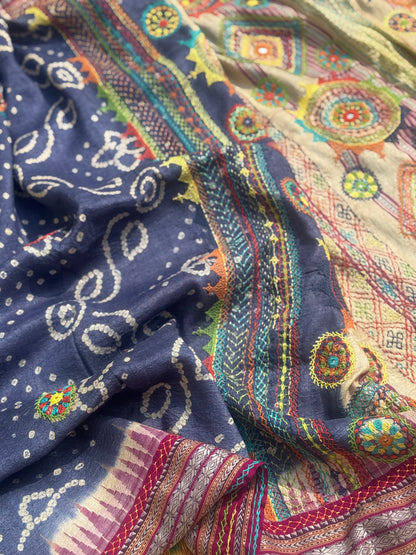 Masterpiece fusion work on handknotted bhandhej with handmade mirrorwork lambani tribal art on vidharbha tussar silk