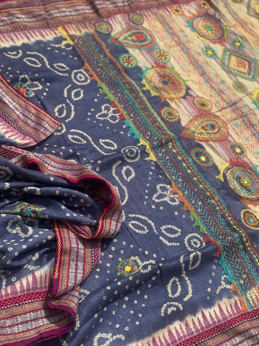 Masterpiece fusion work on handknotted bhandhej with handmade mirrorwork lambani tribal art on vidharbha tussar silk