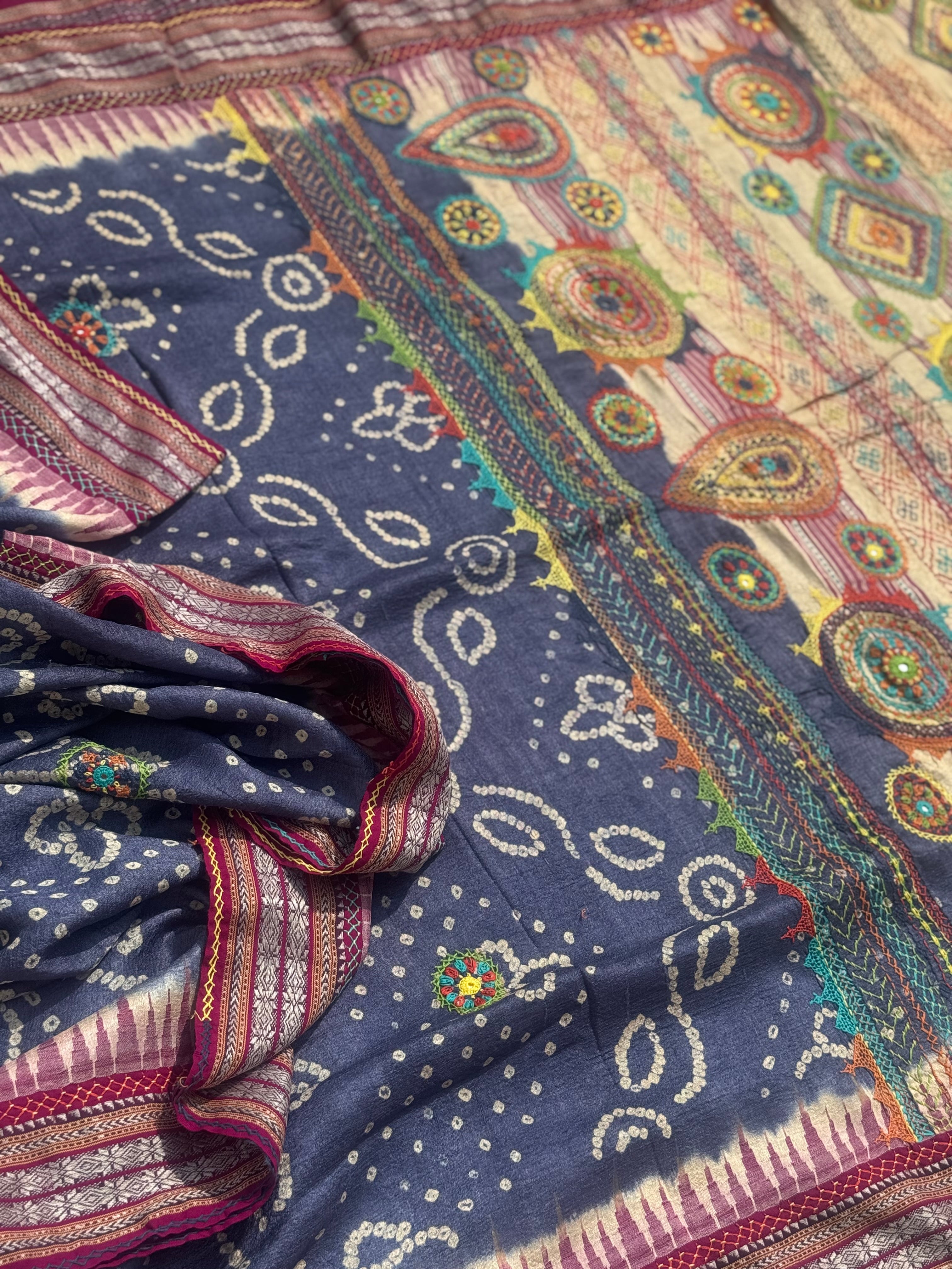 Masterpiece fusion work on handknotted bhandhej with handmade mirrorwork lambani tribal art on vidharbha tussar silk