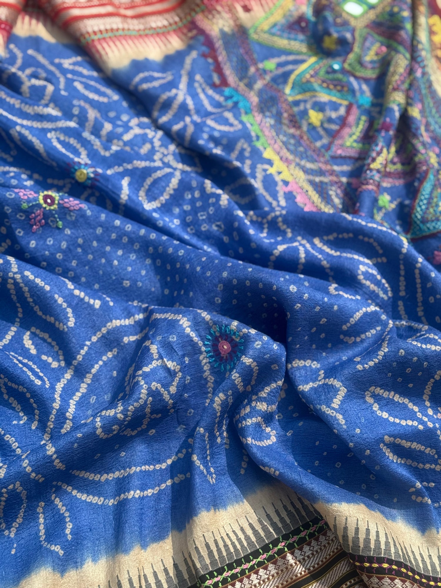 Masterpiece fusion work on handknotted bhandhej with handmade mirrorwork lambani tribal art on vidharbha tussar silk