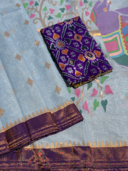 A gorgeous pastel powder blue shade handspun ponduru Khadhi jamdani cotton saree