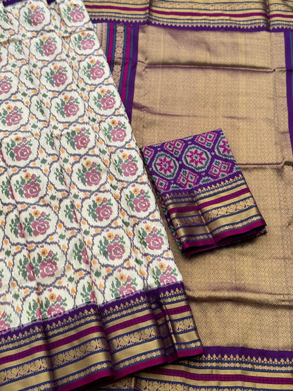 A masterpiece ivory with purple roses patola inspired ikkat with kanchi fusion pure handwoven silk saree