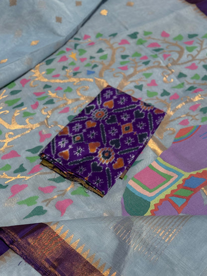 A gorgeous pastel powder blue shade handspun ponduru Khadhi jamdani cotton saree
