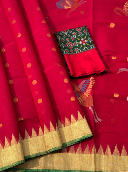 A gorgeous handspun ponduru Khadhi jamdani cotton saree in red