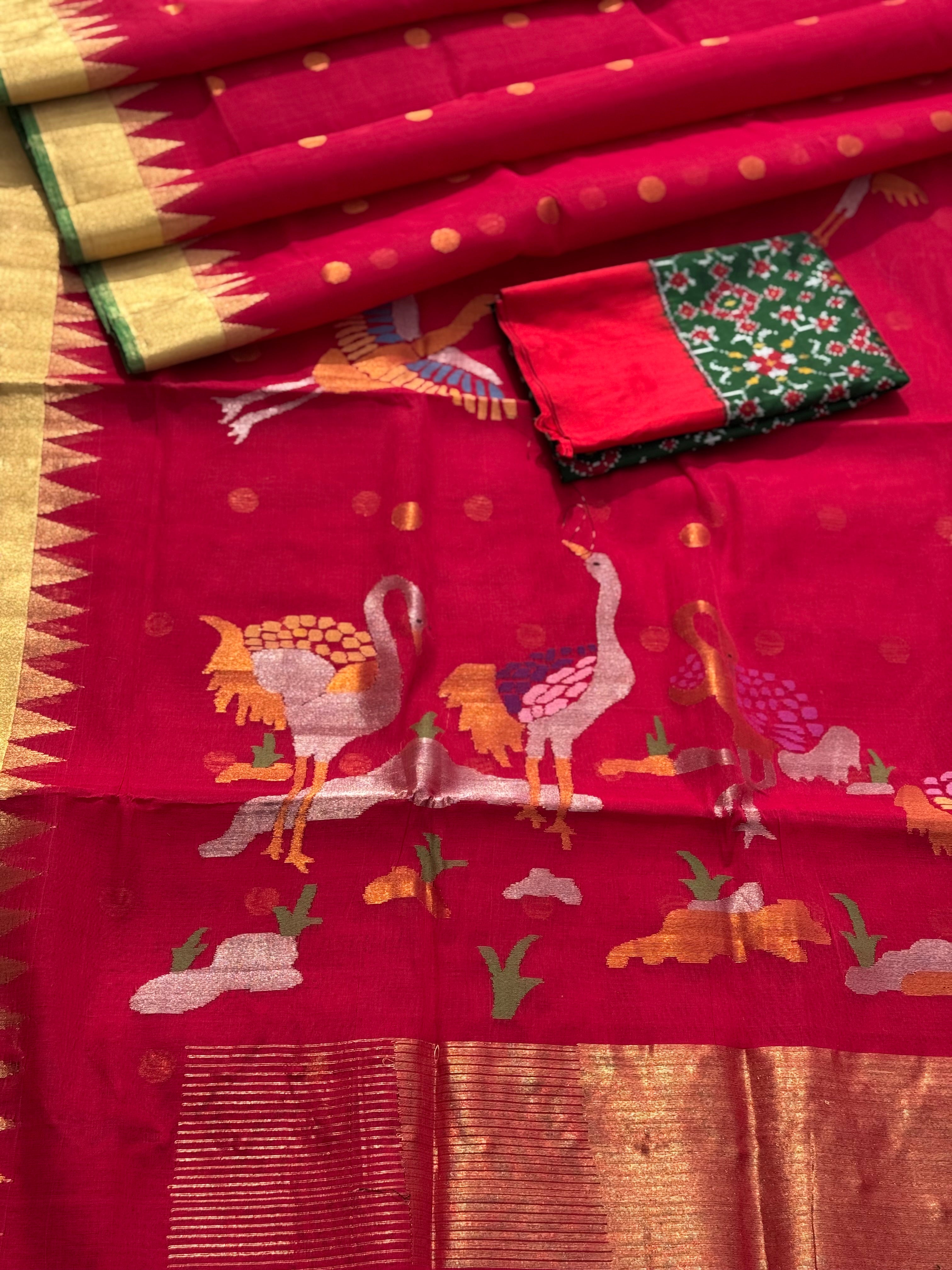 A gorgeous handspun ponduru Khadhi jamdani cotton saree in red