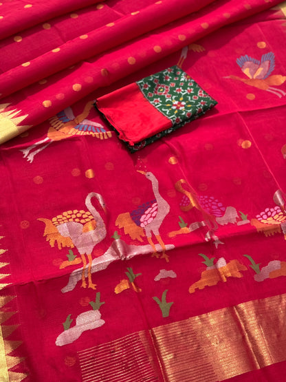 A gorgeous handspun ponduru Khadhi jamdani cotton saree in red