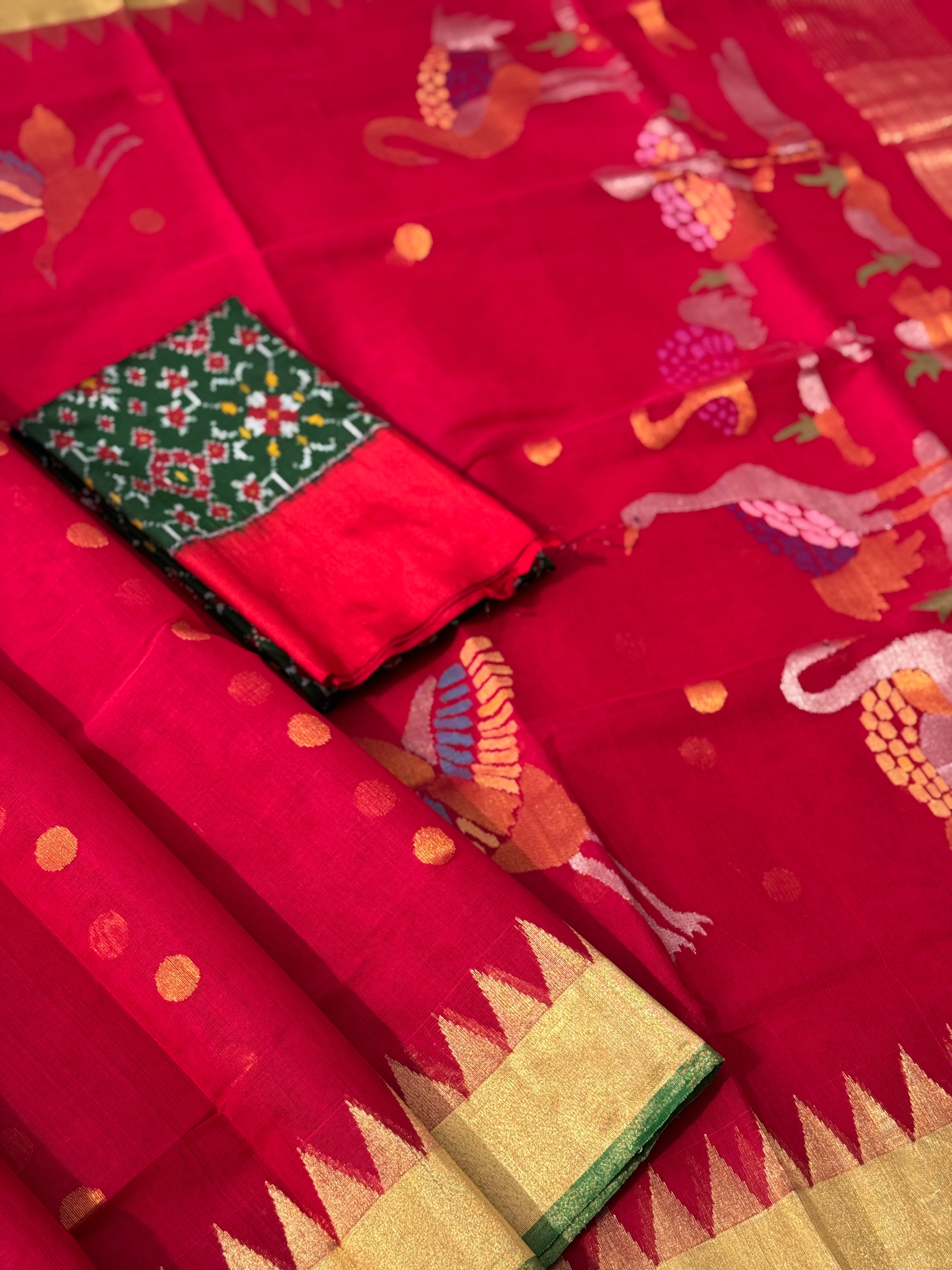 A gorgeous handspun ponduru Khadhi jamdani cotton saree in red