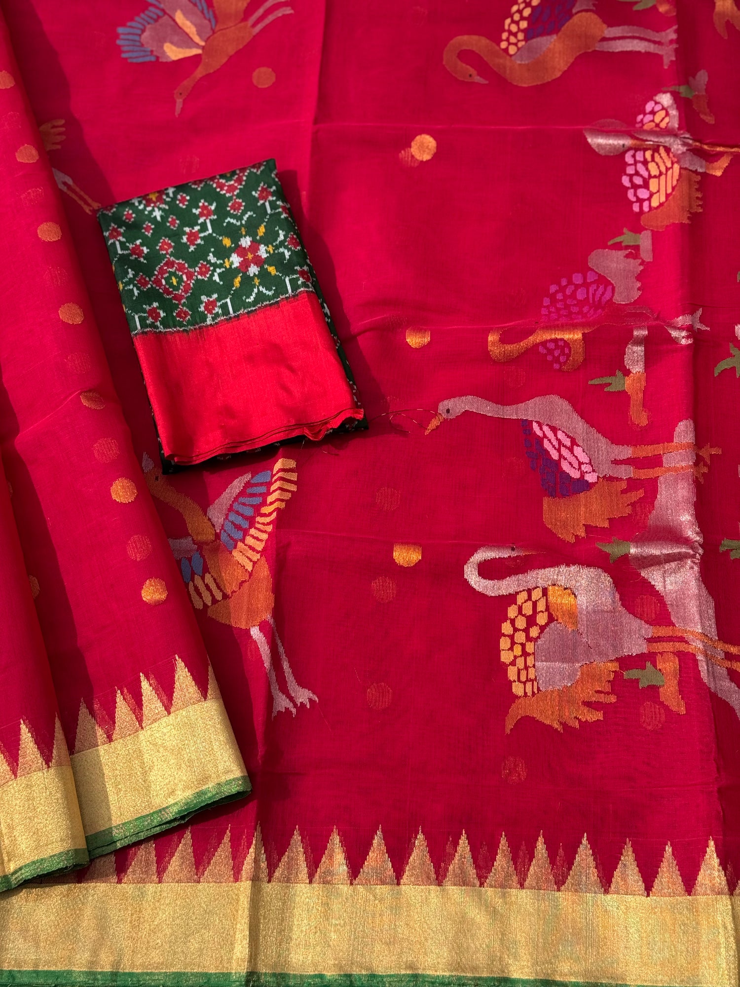 A gorgeous handspun ponduru Khadhi jamdani cotton saree in red