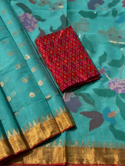 A gorgeous seafoam green shade handspun ponduru Khadhi jamdani cotton saree