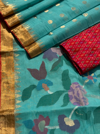 A gorgeous seafoam green shade handspun ponduru Khadhi jamdani cotton saree