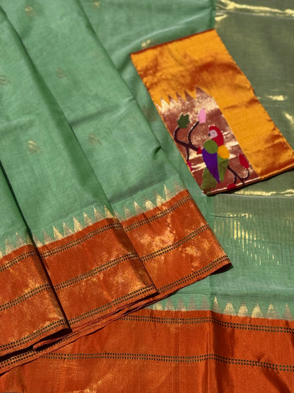 A gorgeous sage green with orange shade handspun ponduru Khadhi jamdani cotton saree