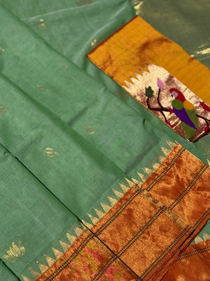 A gorgeous sage green with orange shade handspun ponduru Khadhi jamdani cotton saree