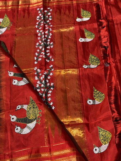 FUSION THARAGAI- GOND ART PAINTING ON ILKAL SILK SAREE