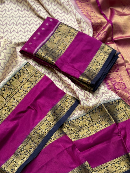 A festive ivory with purple chevron ikkat with kanchi fusion pure handwoven silk saree