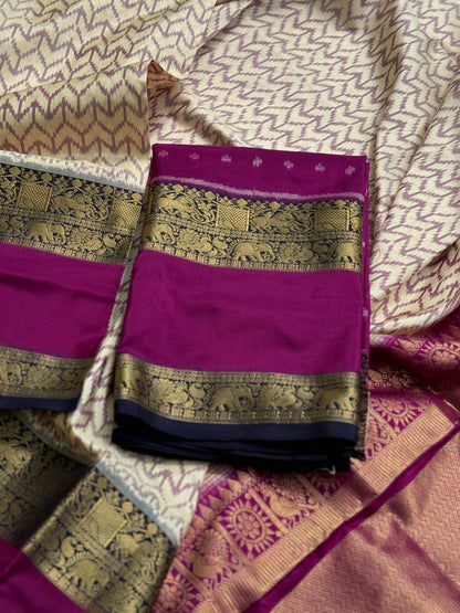 A festive ivory with purple chevron ikkat with kanchi fusion pure handwoven silk saree