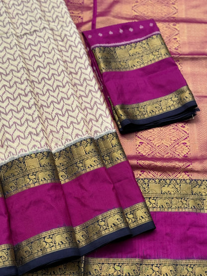 A festive ivory with purple chevron ikkat with kanchi fusion pure handwoven silk saree