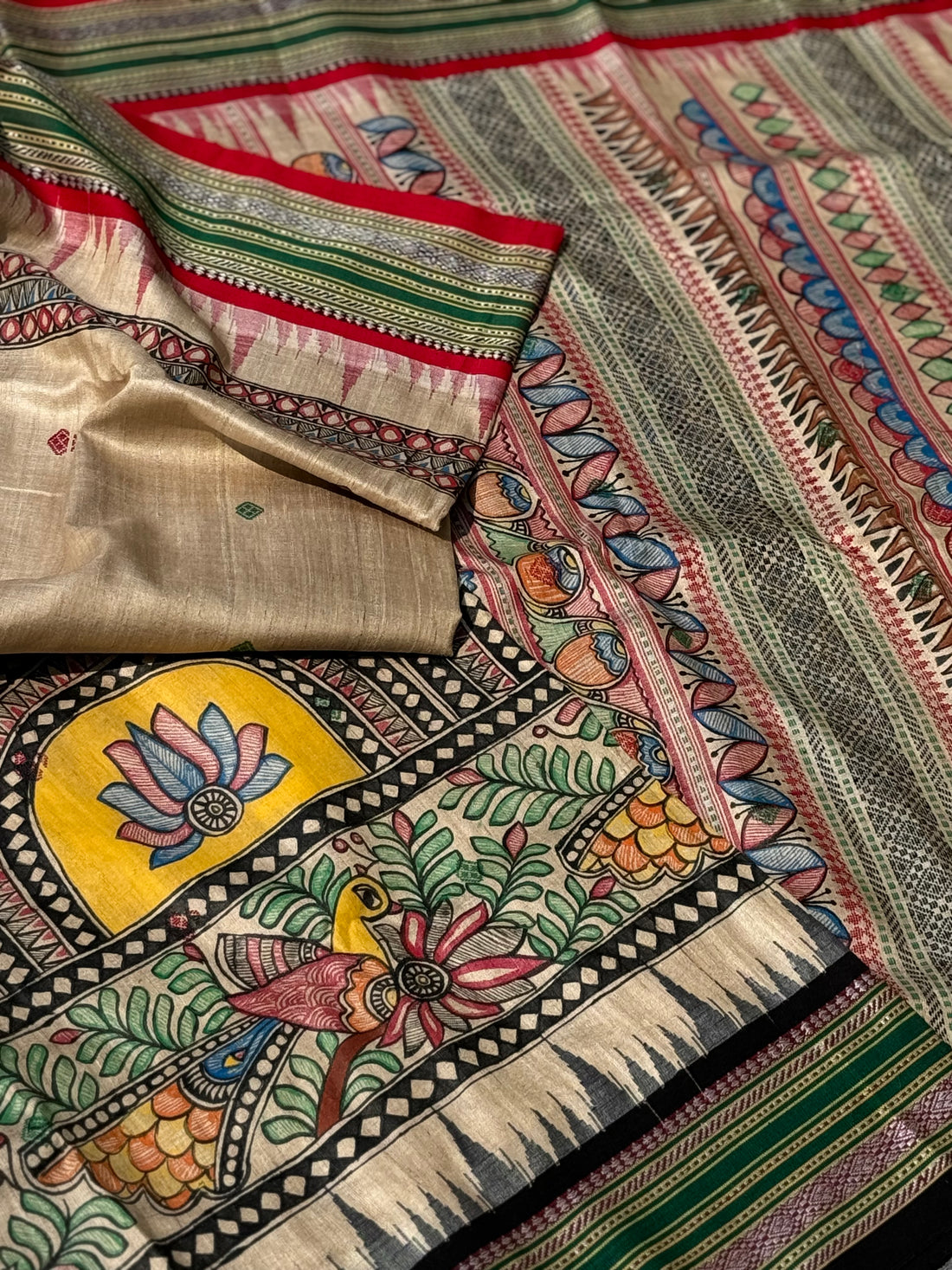 Vidarbha tussar silk saree with Karvati kinar border having Madhubani folk artwork