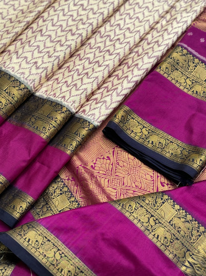 A festive ivory with purple chevron ikkat with kanchi fusion pure handwoven silk saree