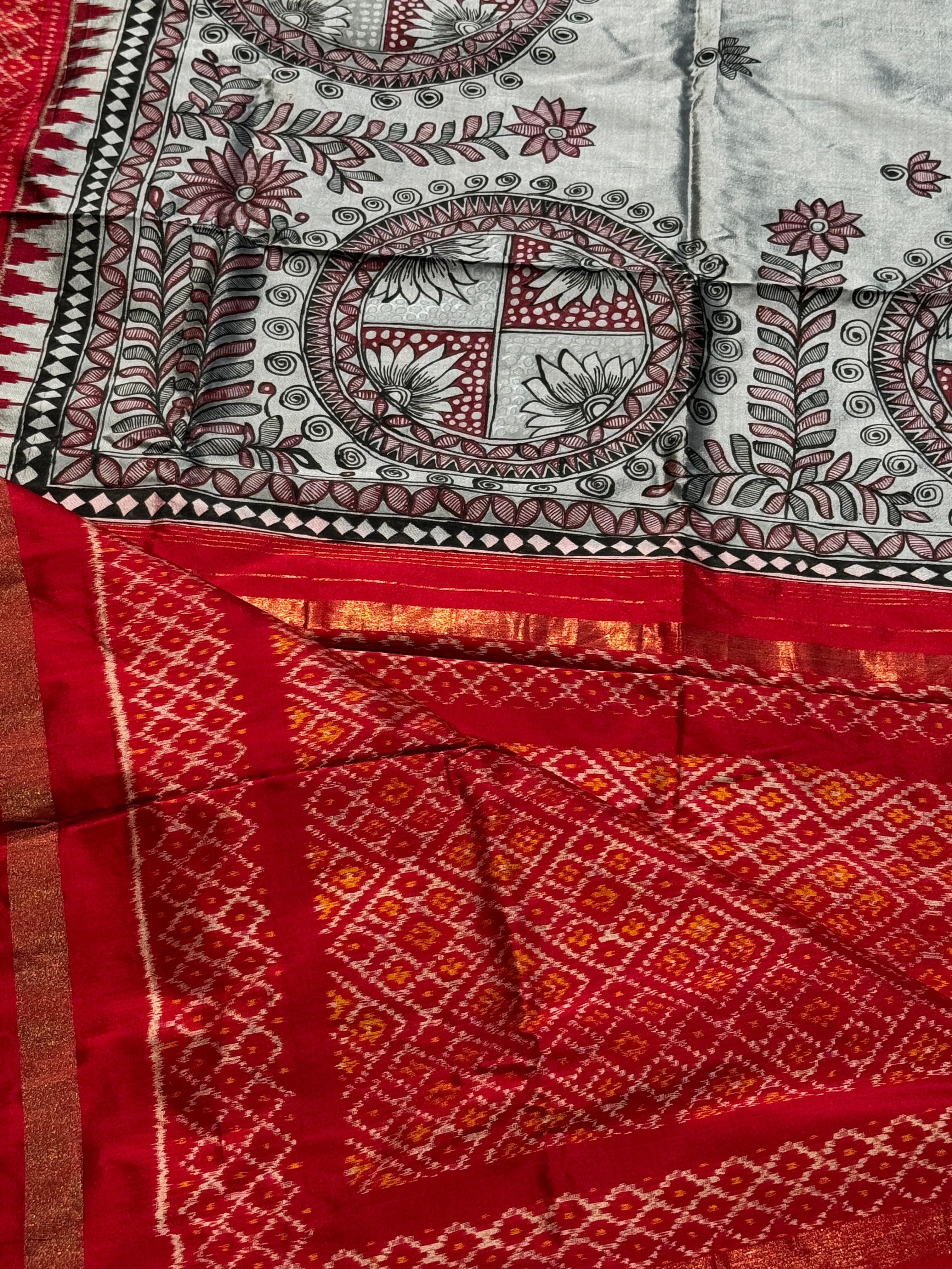 Handmade Madhubani folkart Handpainted on tie dyed ikkat woven silk saree