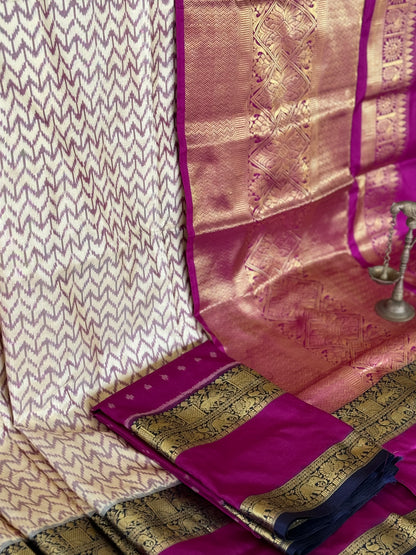 A festive ivory with purple chevron ikkat with kanchi fusion pure handwoven silk saree