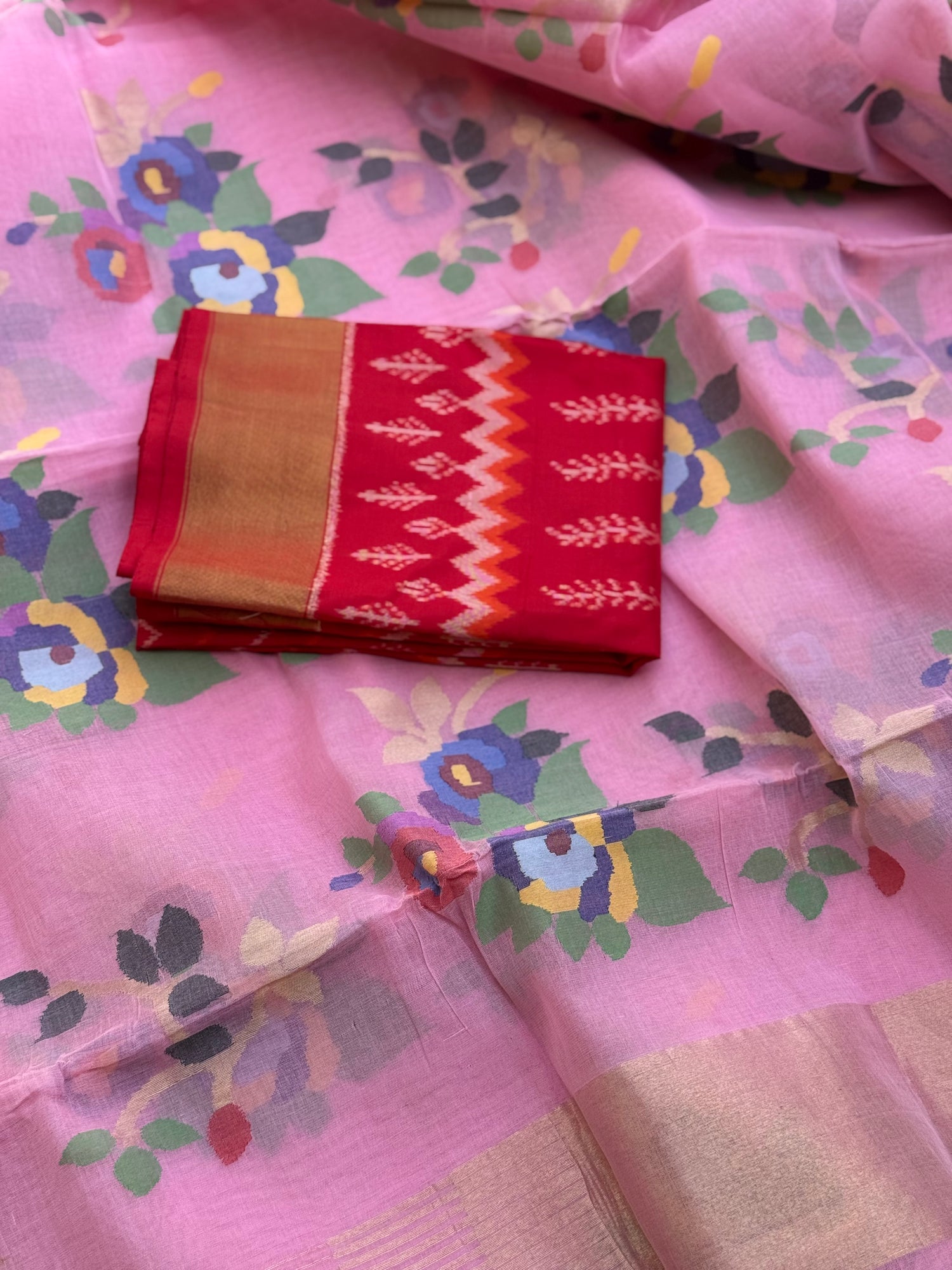 A gorgeous baby pink colour full jaal weave blouse and pallu organic handwoven ponduru Khadhi cotton Jamdani saree