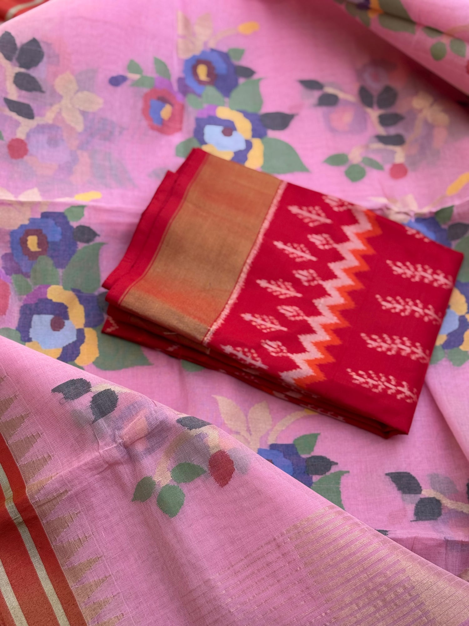 A gorgeous baby pink colour full jaal weave blouse and pallu organic handwoven ponduru Khadhi cotton Jamdani saree
