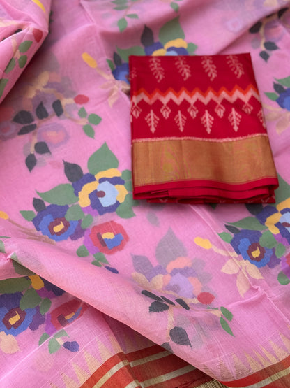 A gorgeous baby pink colour full jaal weave blouse and pallu organic handwoven ponduru Khadhi cotton Jamdani saree