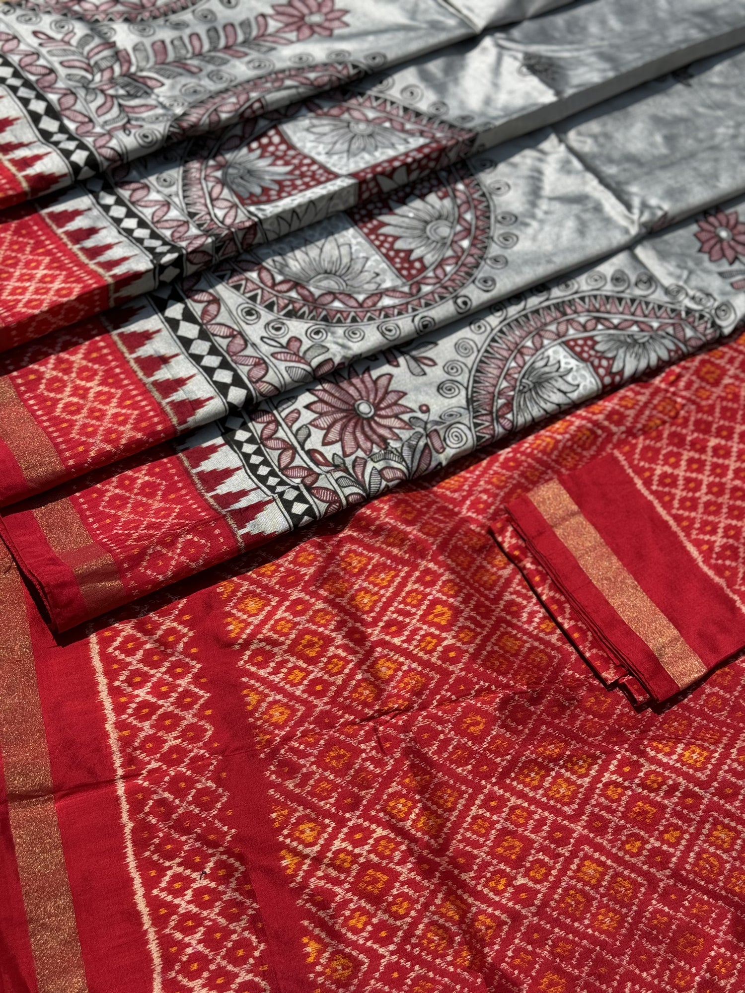 Handmade Madhubani folkart Handpainted on tie dyed ikkat woven silk saree