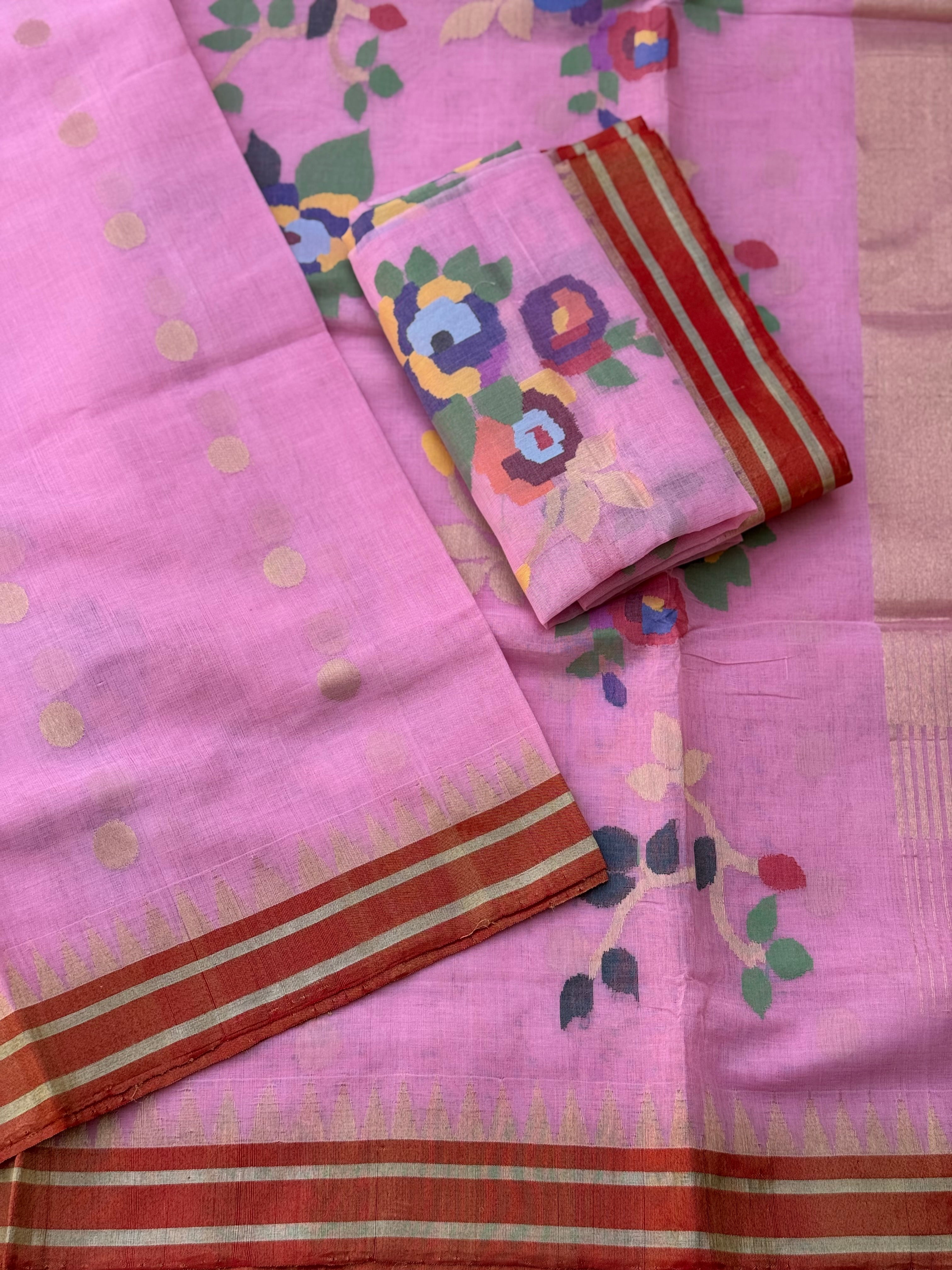 A gorgeous baby pink colour full jaal weave blouse and pallu organic handwoven ponduru Khadhi cotton Jamdani saree