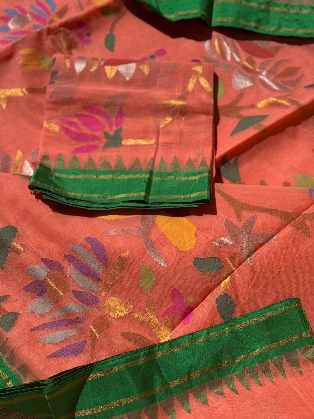 A gorgeous handspun ponduru khadhi jamdani cotton saree full jaal pallu and blouse