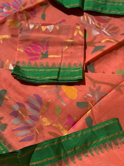 A gorgeous handspun ponduru khadhi jamdani cotton saree full jaal pallu and blouse