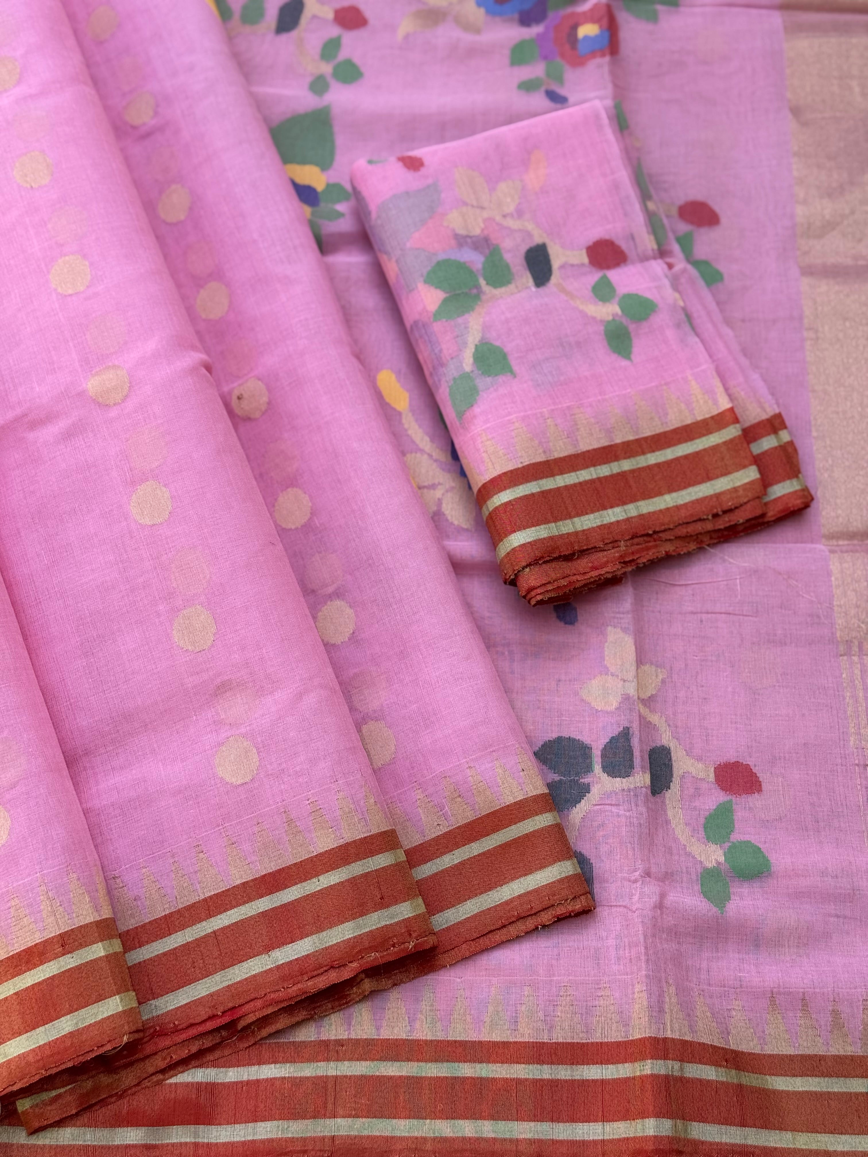 A gorgeous baby pink colour full jaal weave blouse and pallu organic handwoven ponduru Khadhi cotton Jamdani saree