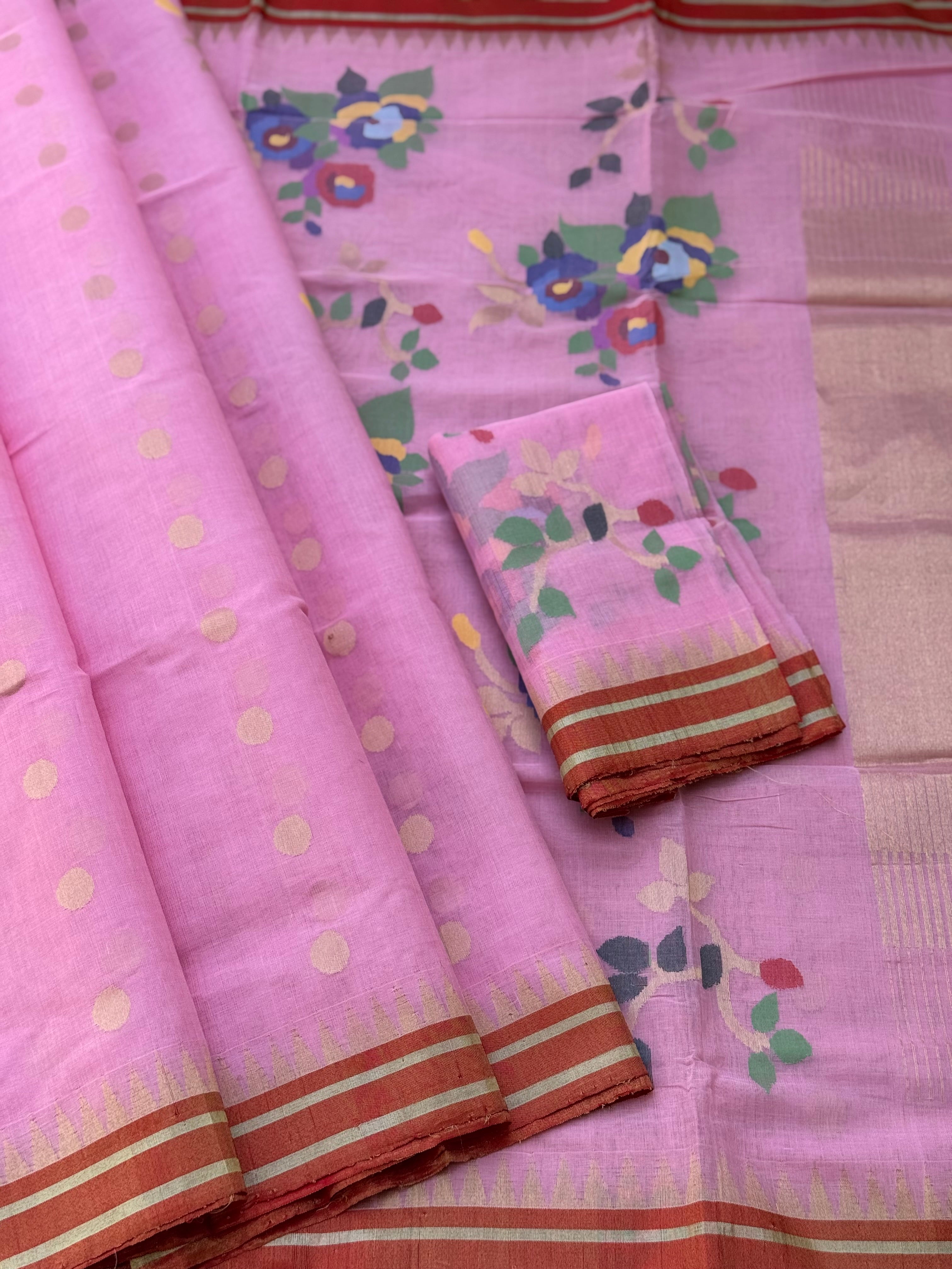 A gorgeous baby pink colour full jaal weave blouse and pallu organic handwoven ponduru Khadhi cotton Jamdani saree