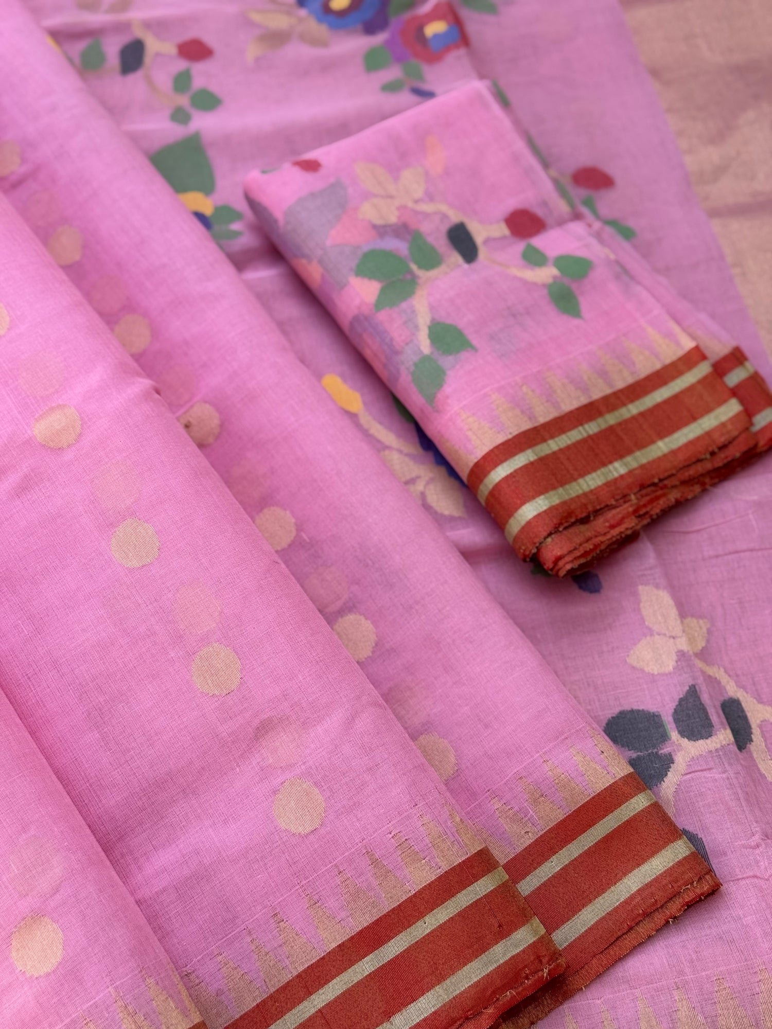 A gorgeous baby pink colour full jaal weave blouse and pallu organic handwoven ponduru Khadhi cotton Jamdani saree