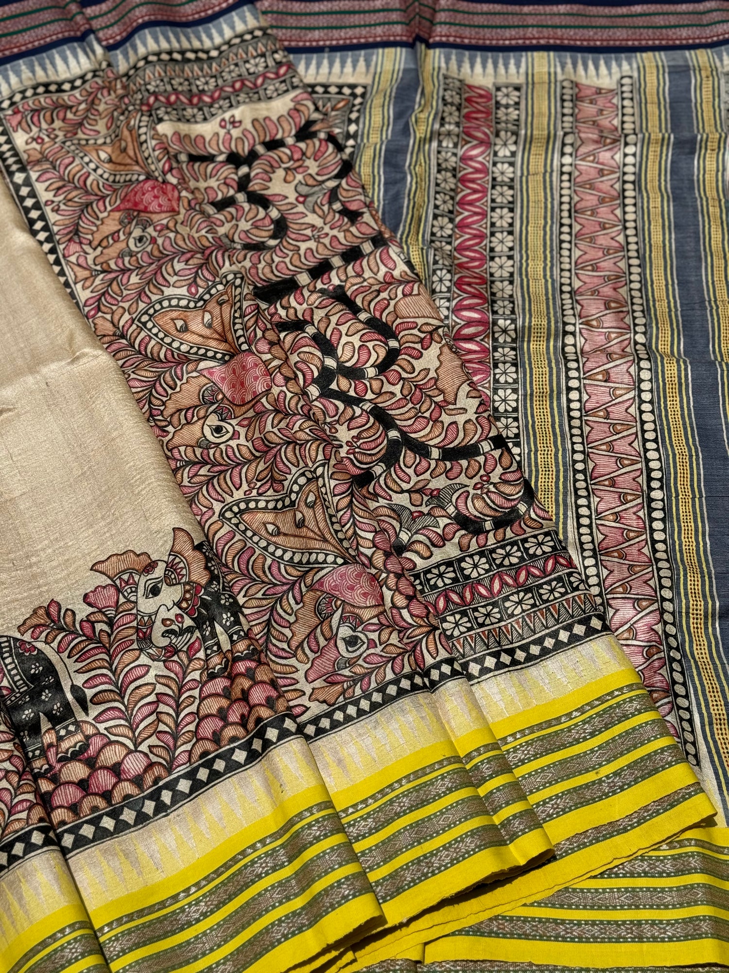 Madhubani folk artwork On Vidarbha tussar silk saree with Karvati kinar border